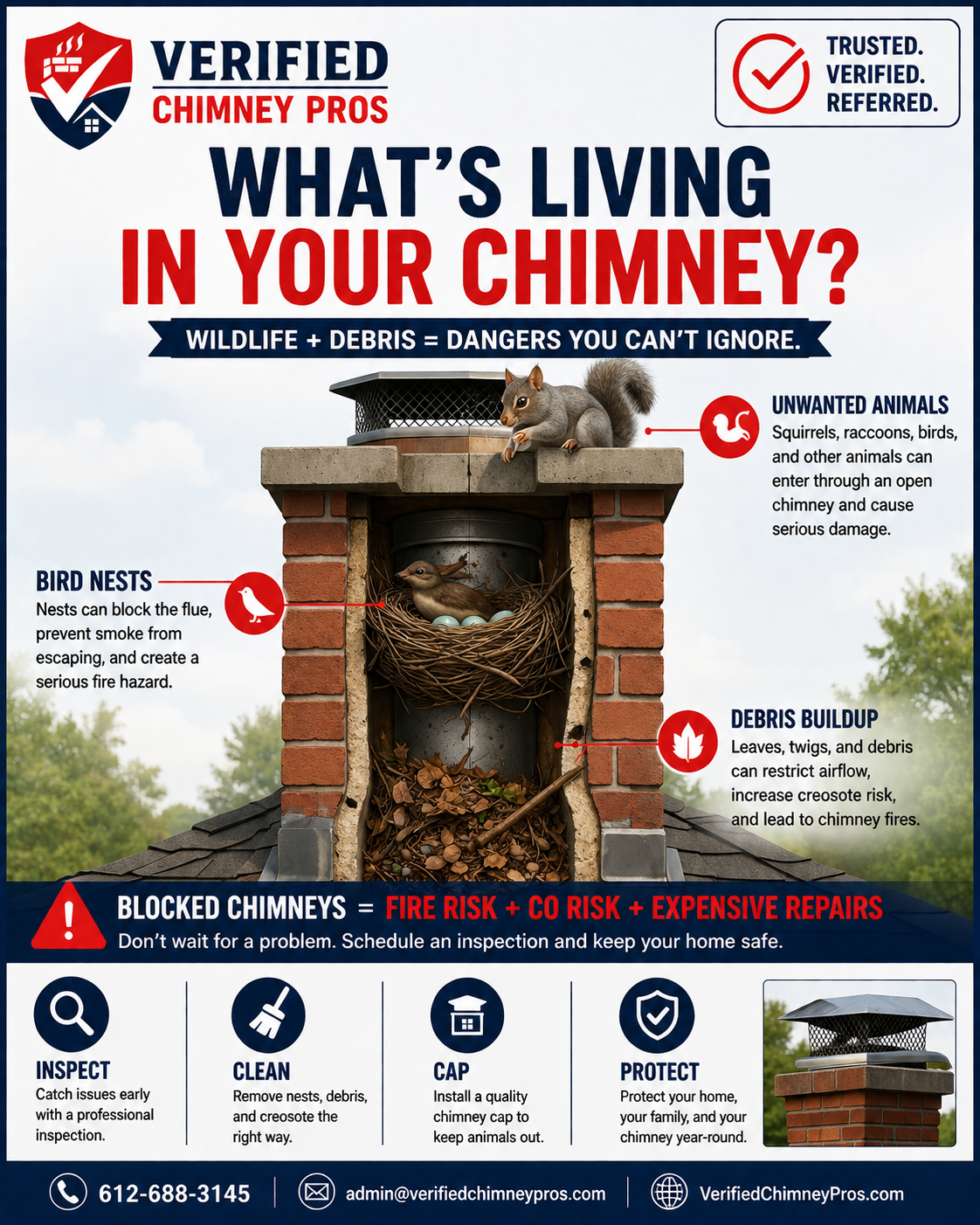 A bird's nest blocking a chimney flue opening — a dangerous animals in chimney situation requiring professional removal and cap installation
animals in chimney