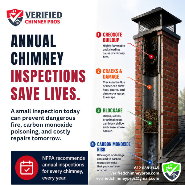 Annual chimney inspection performed by a Verified Chimney Pro
annual chimney inspection
