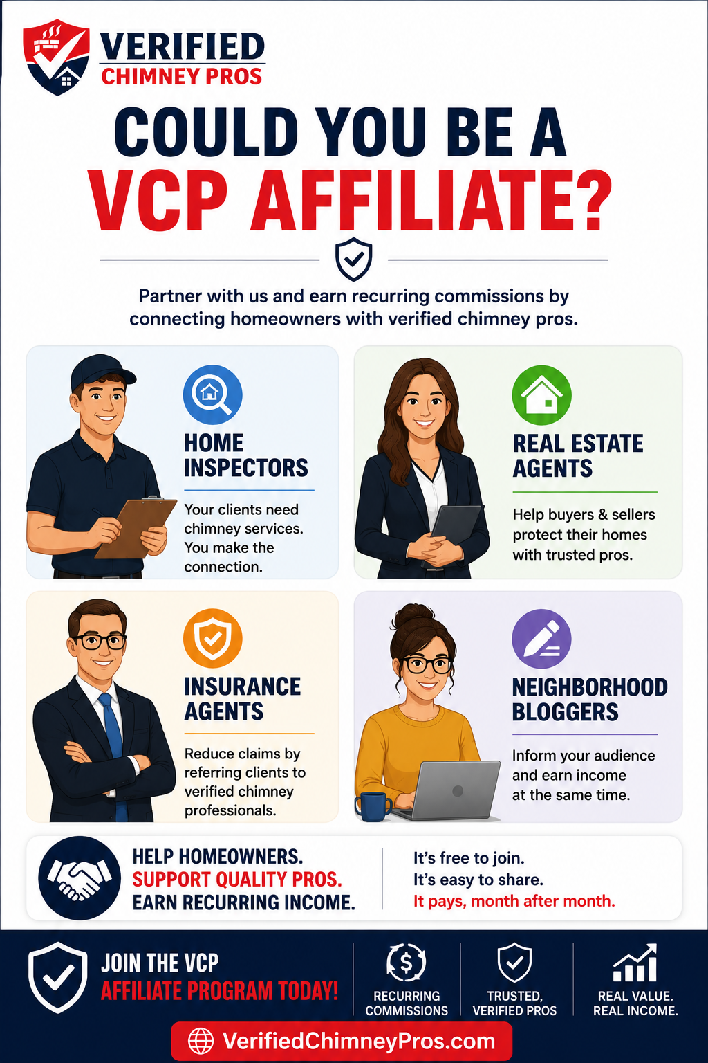 Best VCP affiliate partners including home inspectors, realtors, and bloggers earning commissions with Verified Chimney Pros VCP affiliate
