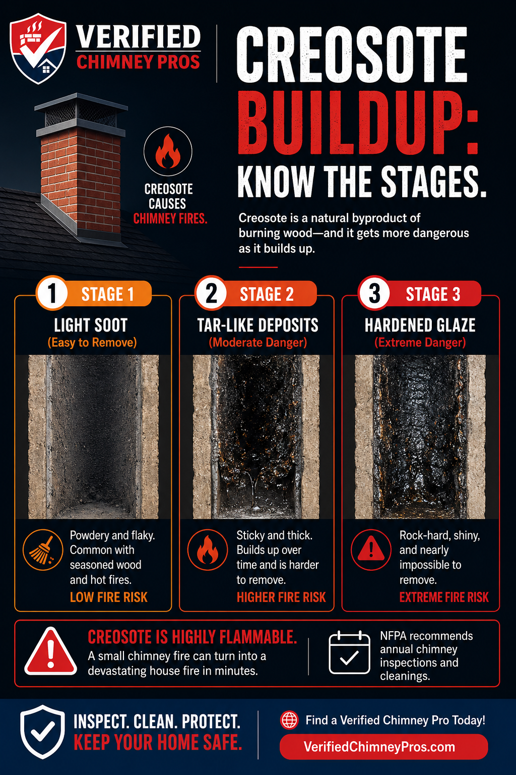 Chimney creosote buildup visible inside a dark flue liner showing dangerous stage 2 deposits
chimney creosote