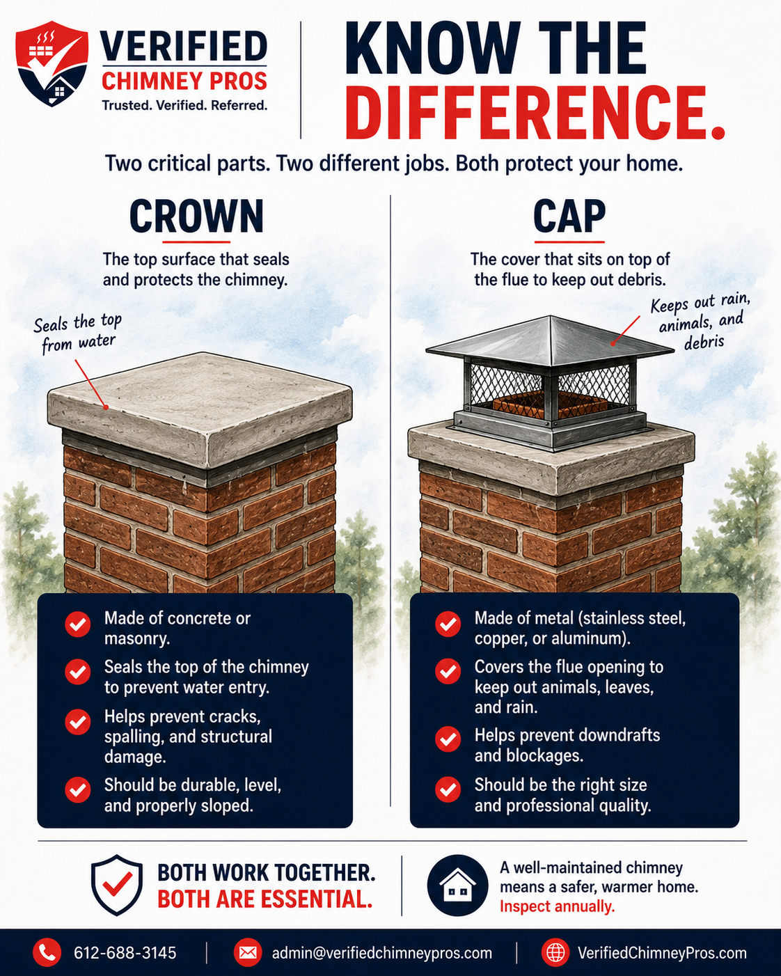 Labeled diagram showing chimney crown vs chimney cap differences on residential chimney