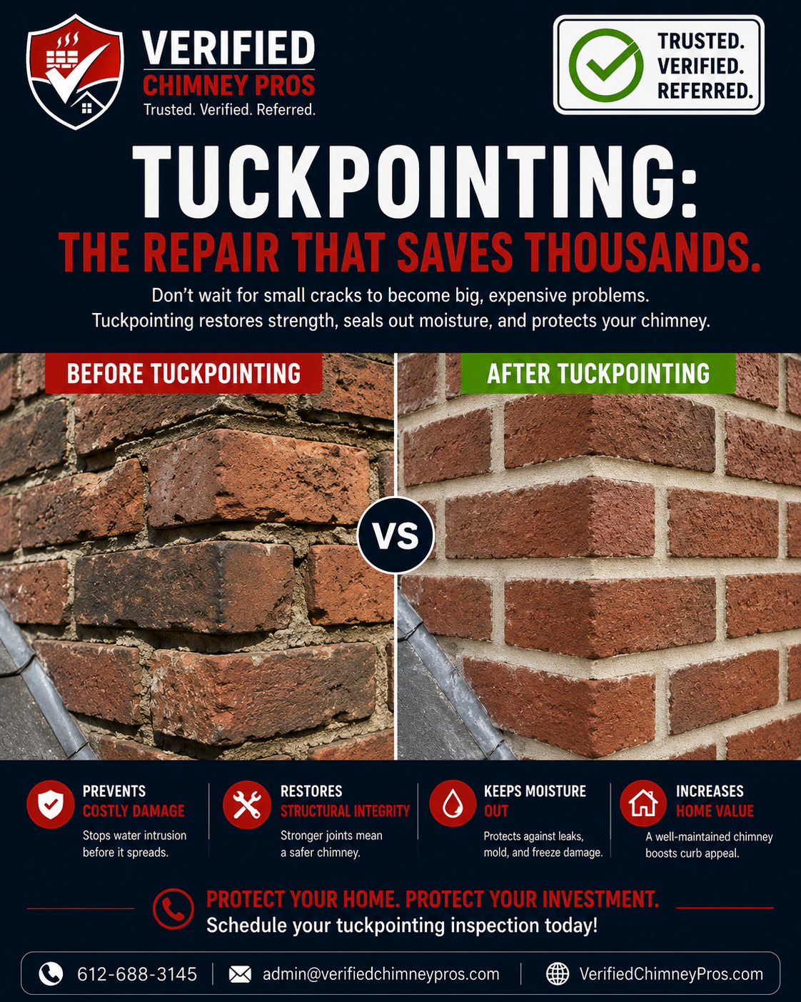 tuckpointing masonry repair showing deteriorated chimney mortar being replaced with fresh mortar