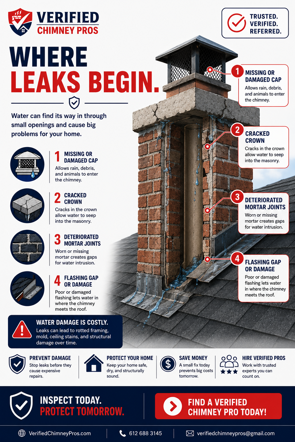 Chimney water damage signs including efflorescence on brick, ceiling water stains, and deteriorating mortar joints on a residential chimney
chimney water damage