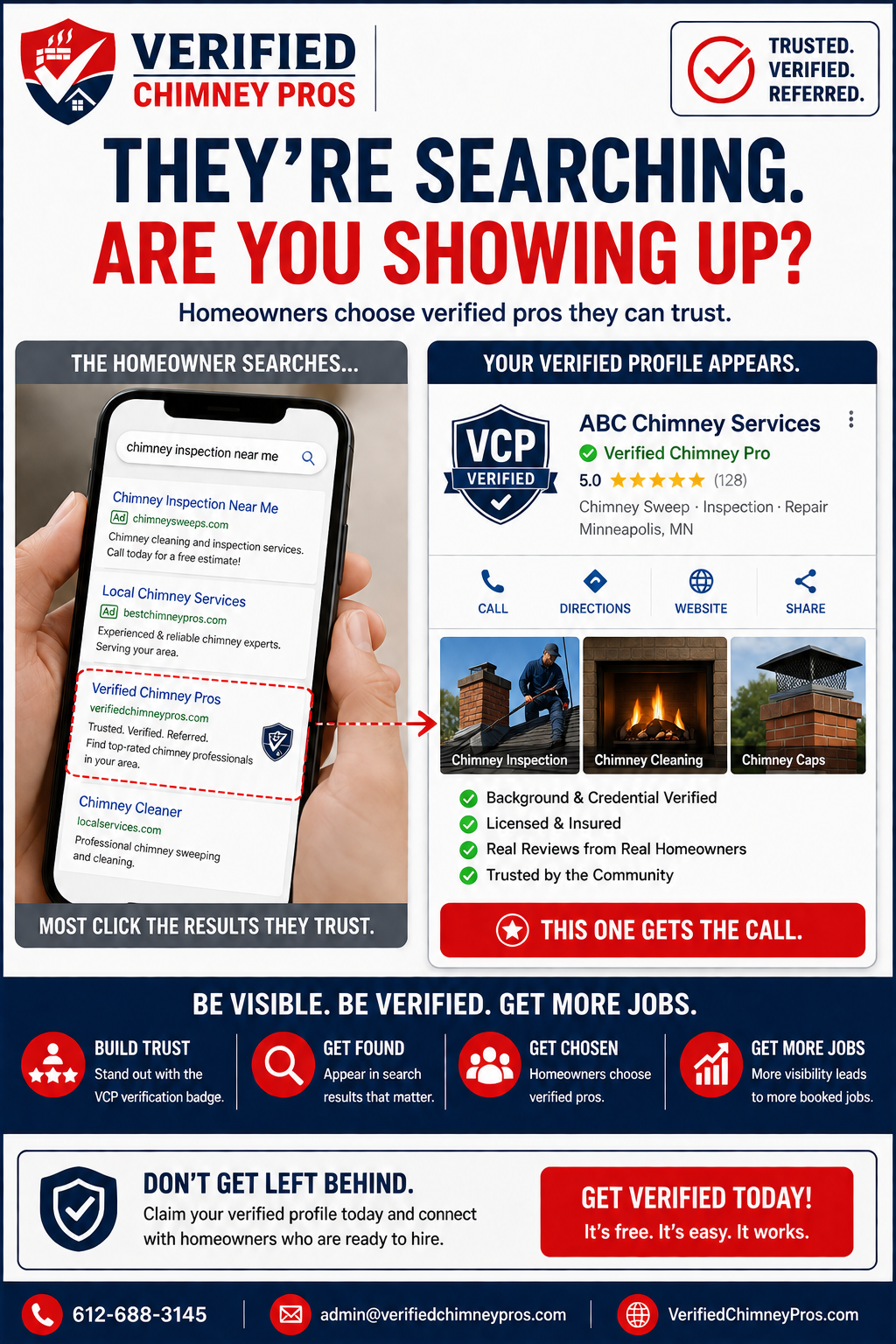 A chimney professional building their contractor online presence on a laptop showing a Verified Chimney Pros profile with strong reviews and credentials
contractor online presence