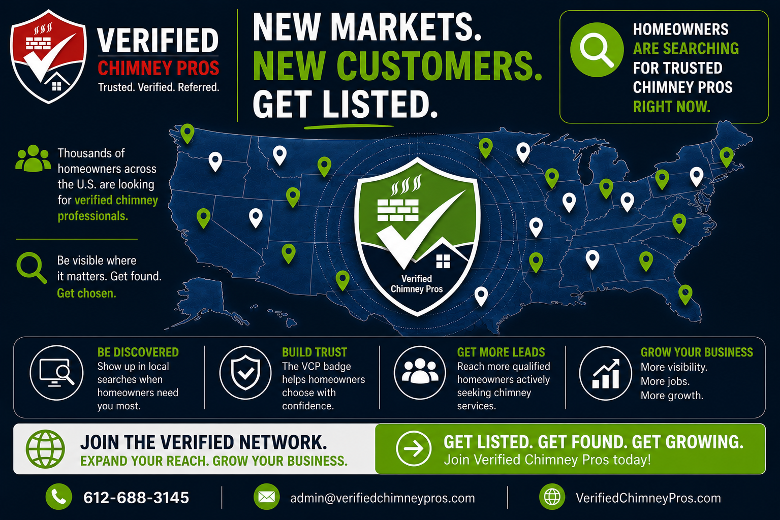 VCP expands chimney business - Chimney professional reviewing verified listing dashboard showing new leads from untapped markets across expanded service area map