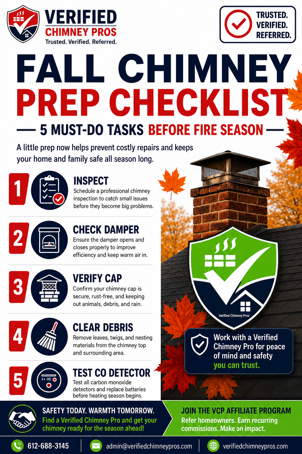 Seasonal chimney prep - Homeowner completing pre-season fireplace inspection checklist before lighting first fire with CSIA-certified chimney sweep performing professional inspection