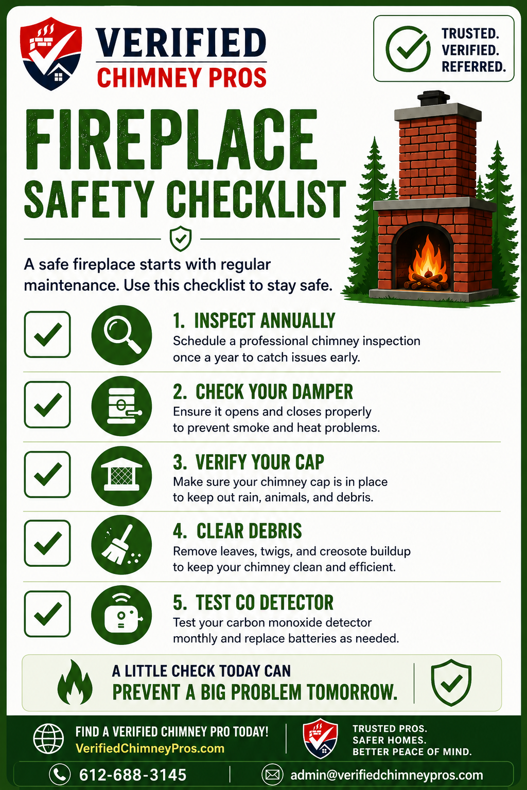 A homeowner reviewing a fireplace safety checklist next to a clean, well-maintained residential fireplace
fireplace safety checklist