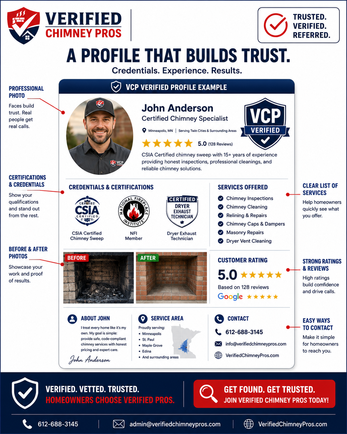 A chimney professional optimizing their VCP profile on a laptop to showcase certifications, photos, and reviews
optimize VCP profile