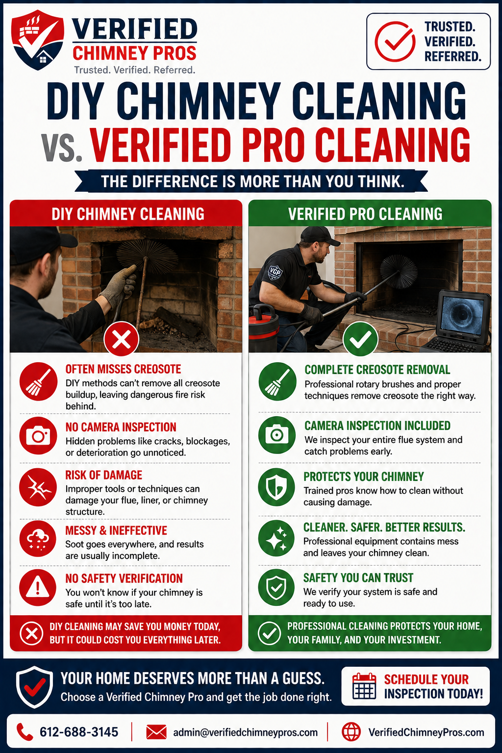 DIY chimney cleaning dangers - Homeowner on roof attempting unsafe chimney sweeping without professional tools or safety equipment DIY chimney cleaning