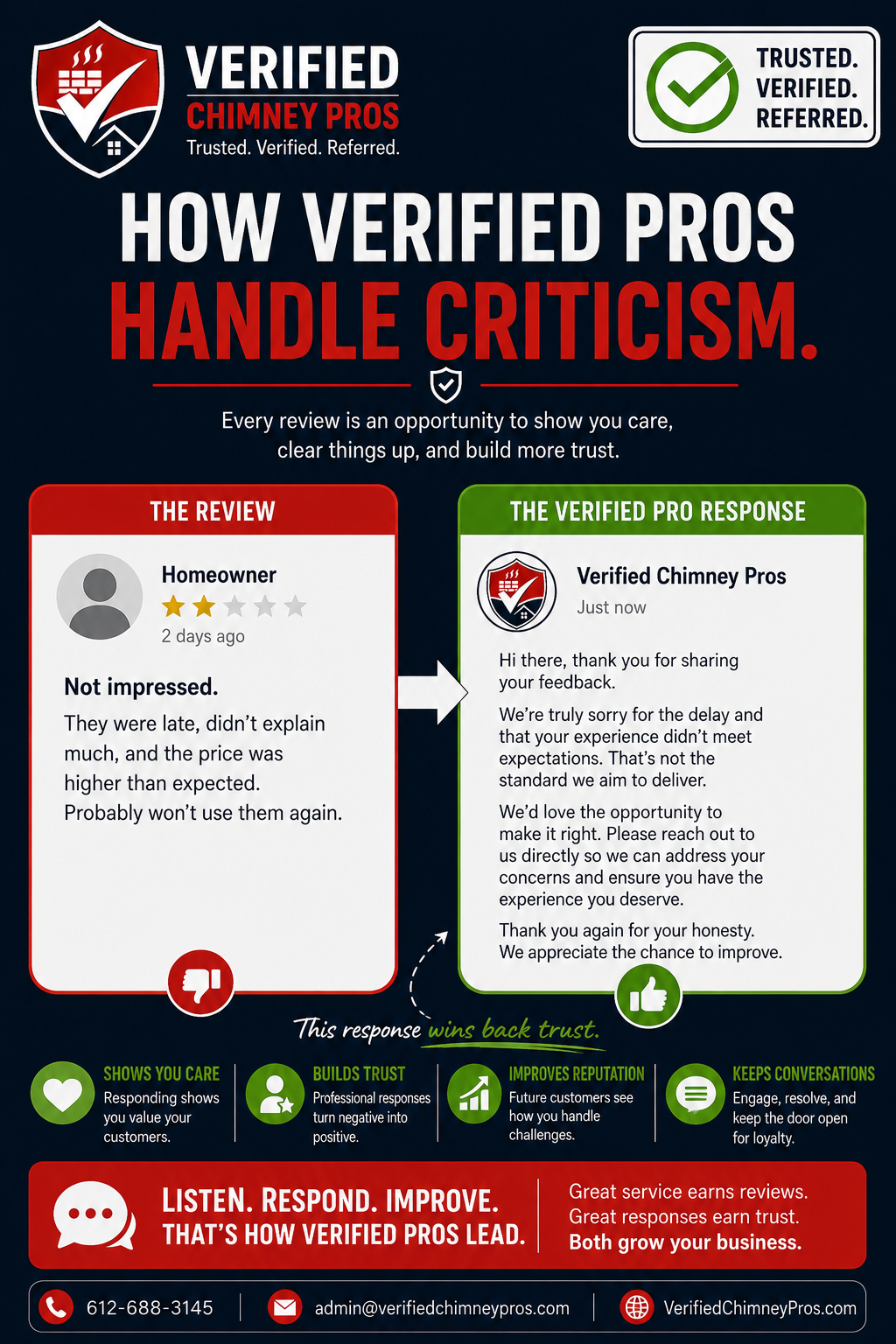 chimney professional responding to negative reviews on a laptop to protect company reputation