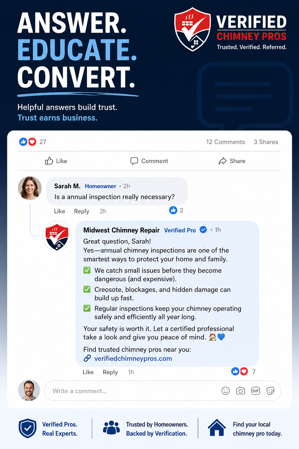 Chimney professional engaging in social media chimney marketing by answering homeowner questions on laptop