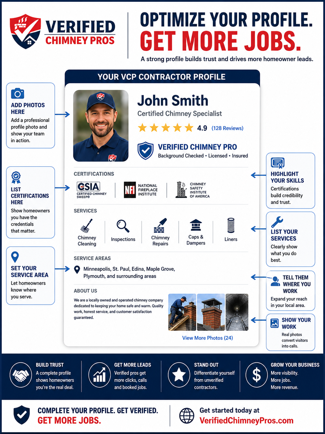 Chimney pro profile displayed on a laptop showing a complete Verified Chimney Pros listing with photos, credentials, and reviews<br />
chimney pro profile