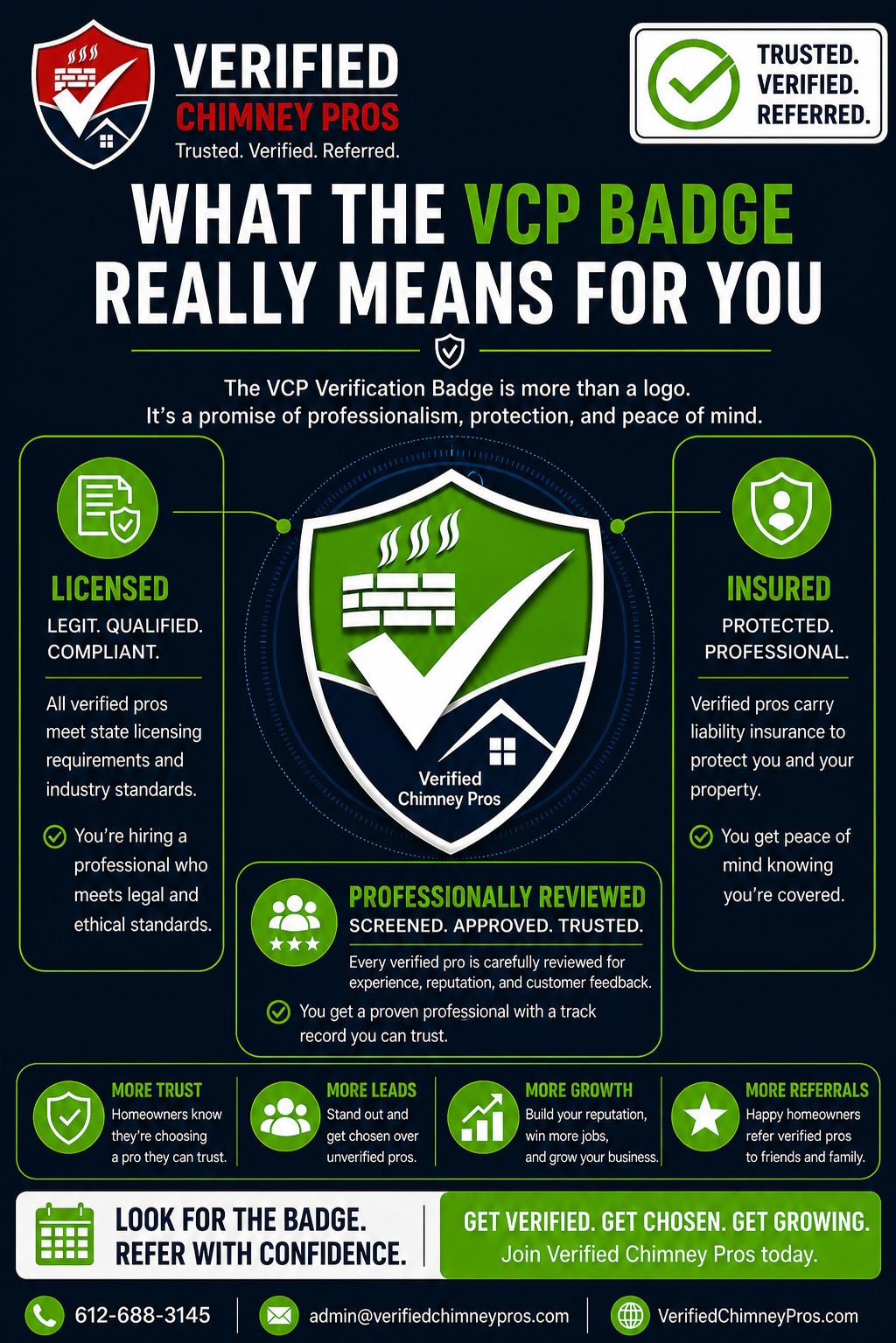 VCP verification badge meaning - Homeowner reviewing verified chimney professional profile showing VCP badge with licensing insurance certifications and background check confirmations