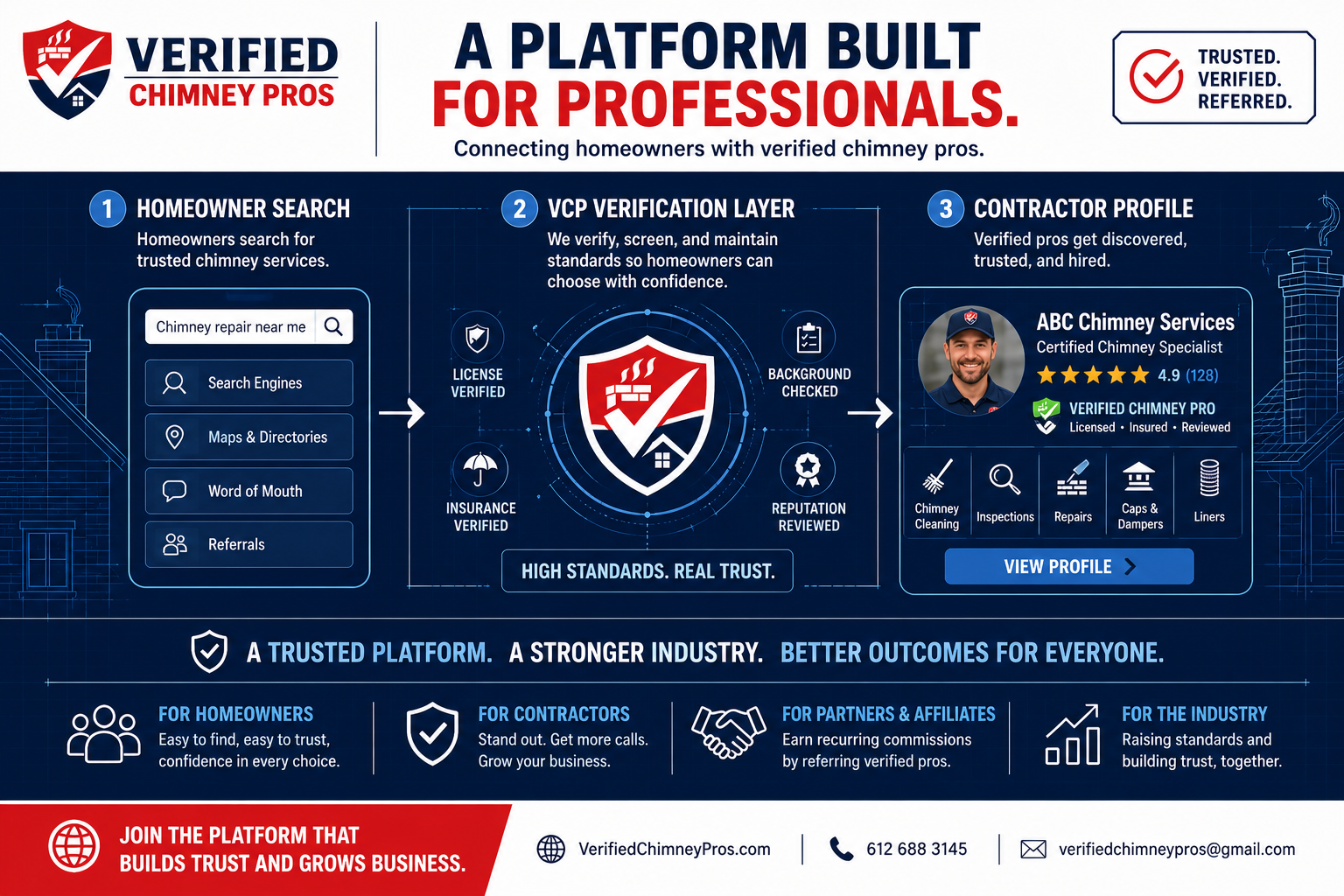 Verified Chimney Pros platform interface showing a verified chimney professional profile with badge, credentials, and homeowner reviews
Verified Chimney Pros platform