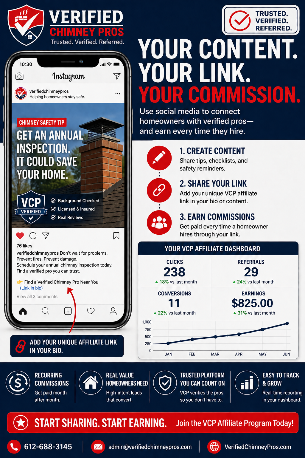 Maximize VCP referrals - Affiliate marketer creating engaging social media content on laptop showing chimney safety tips and verified chimney pros affiliate links
