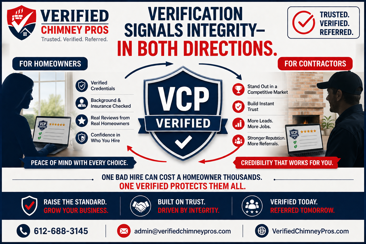 Verification two-way trust signal - Chimney professional shaking hands with homeowner and real estate agent showing verified credentials building trust in both directions
verification two-way trust signal