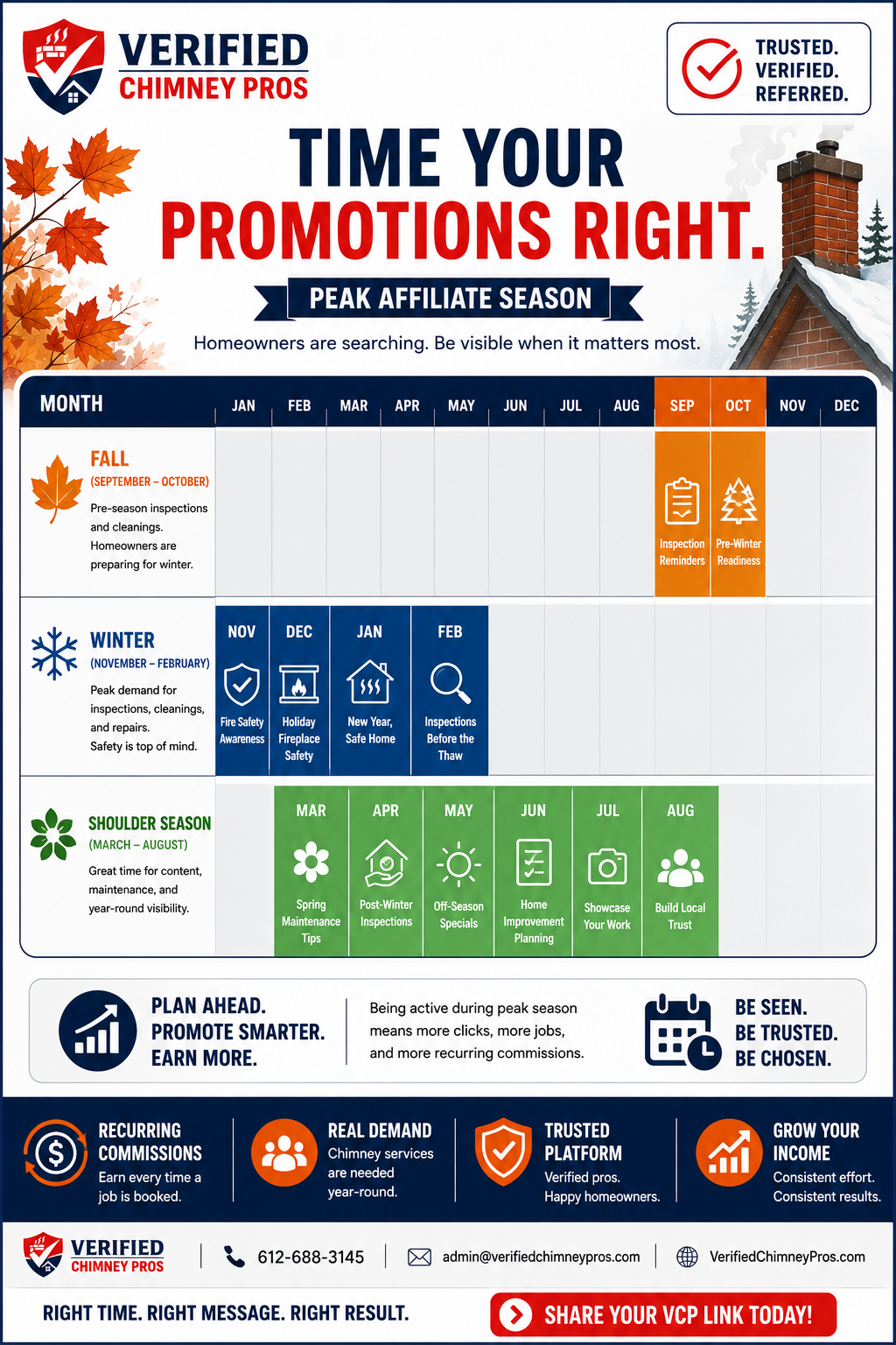 An affiliate marketer planning a winter affiliate marketing strategy for Verified Chimney Pros on a laptop with autumn seasonal content visible
winter affiliate marketing