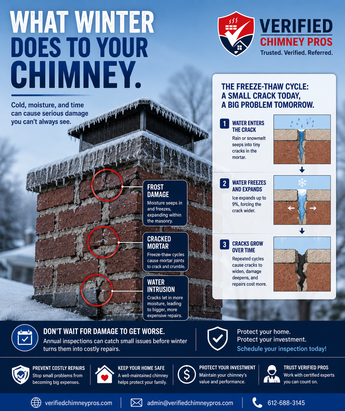 winter chimney damage showing spalling bricks and cracked mortar from freeze-thaw cycles