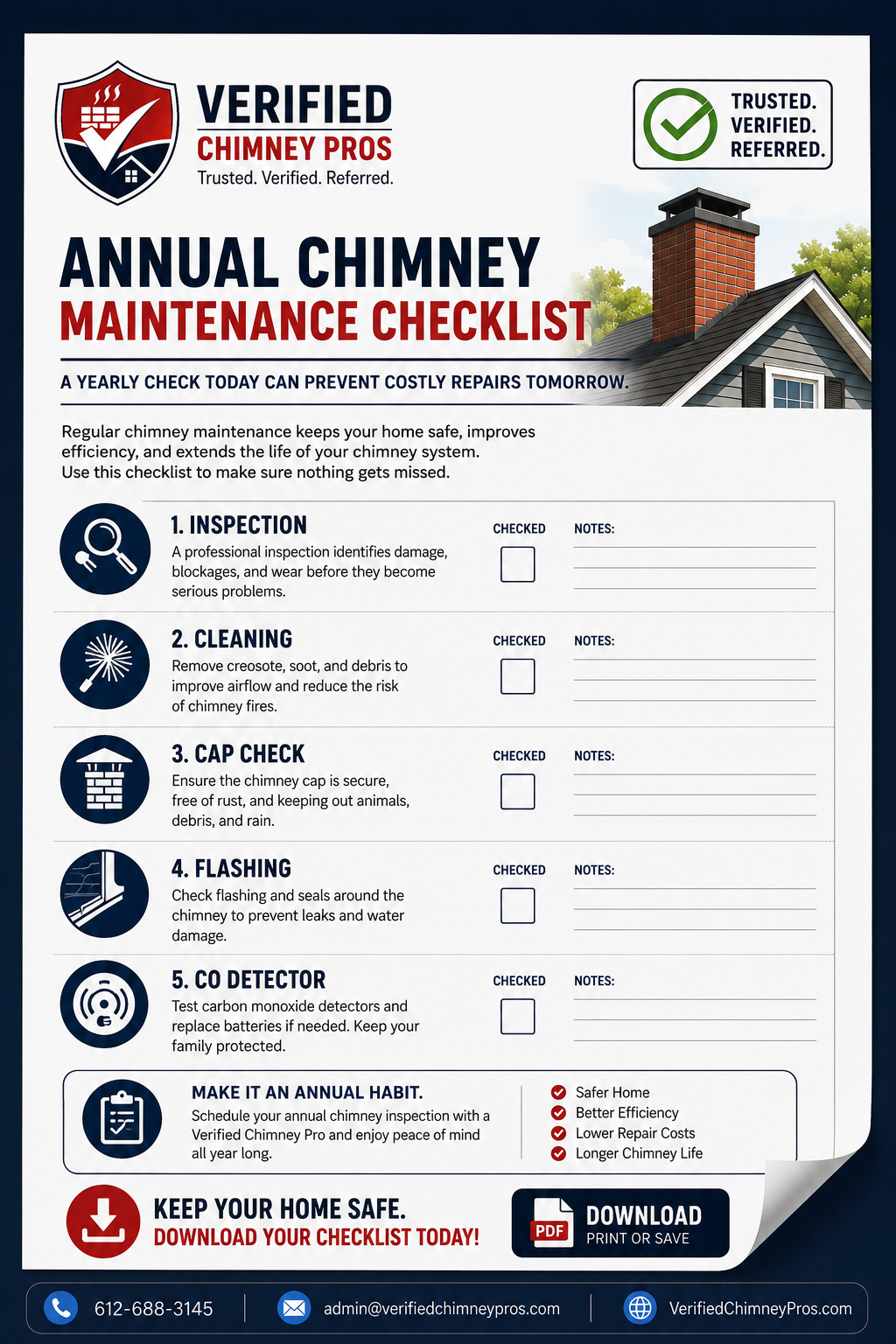 homeowner reviewing an annual chimney maintenance checklist before fireplace season starts