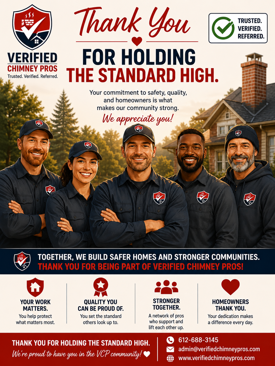 ethical chimney contractor shaking hands with a team of professional craftsmen to elevate industry safety standards