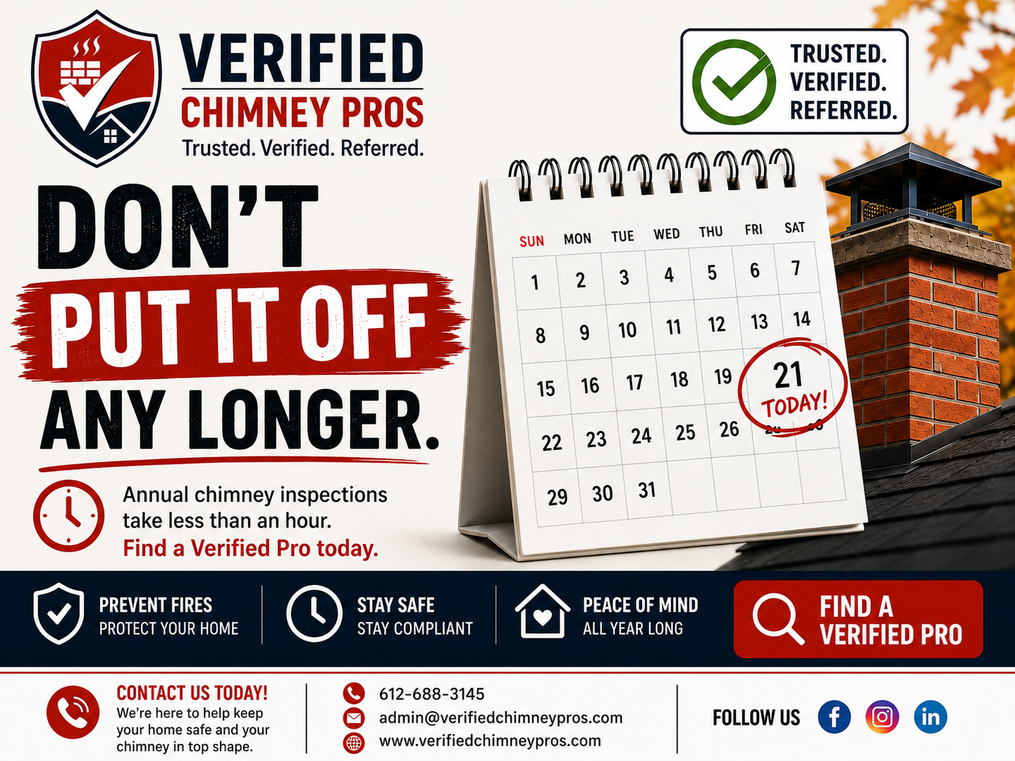Schedule chimney inspection with a trusted professional to help prevent chimney fires, water damage, carbon monoxide risks, and costly home repairs.