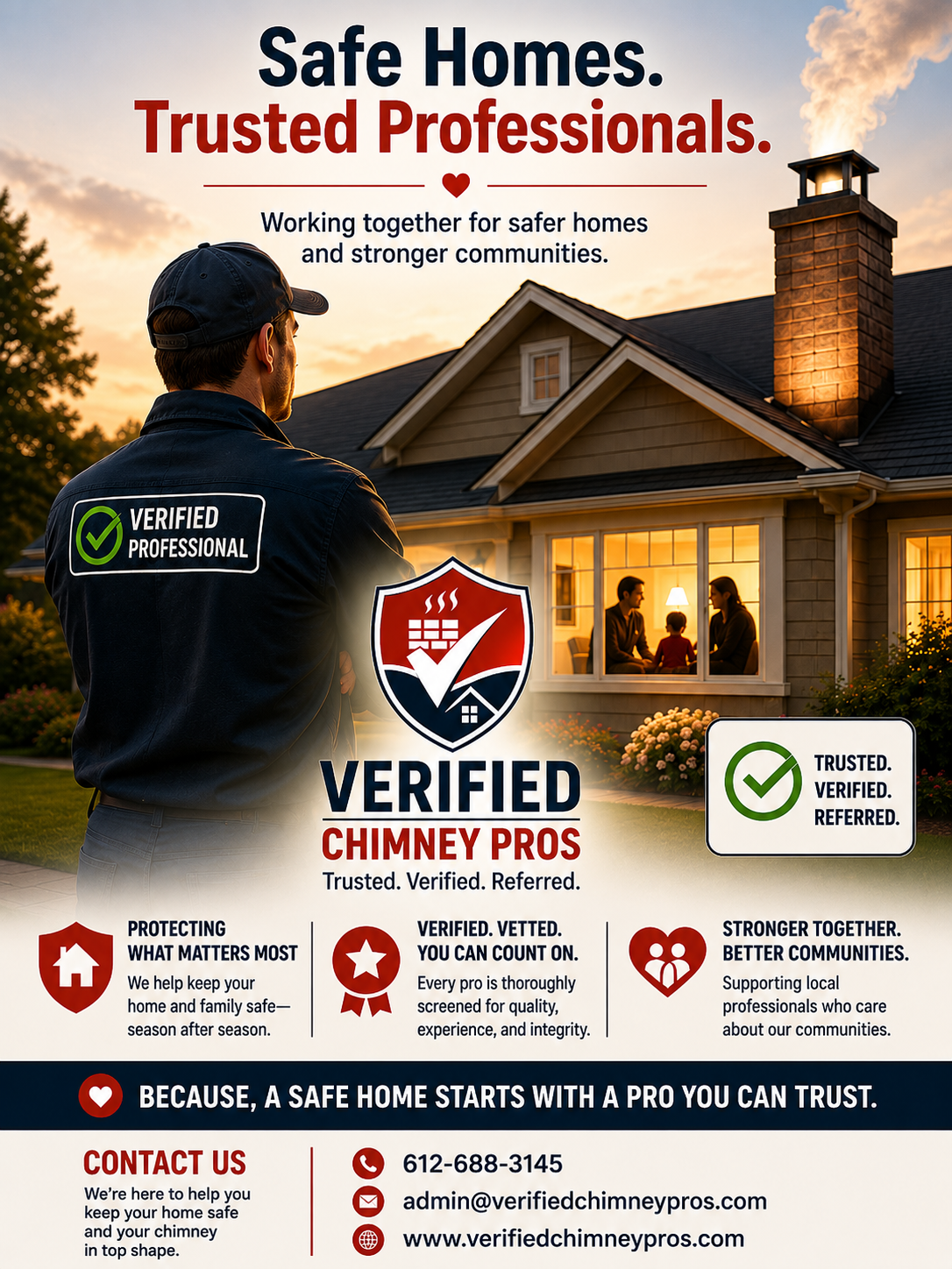 homeowner family relaxing safely by a fireplace after hiring trusted chimney professionals through Verified Chimney Pros