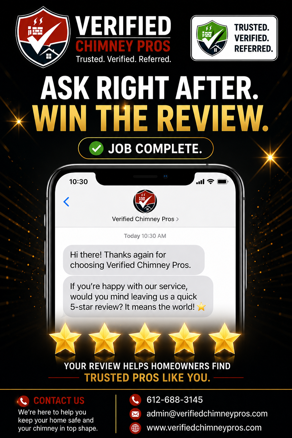 chimney contractor learning how to ask for reviews using an SMS review request script on a smartphone