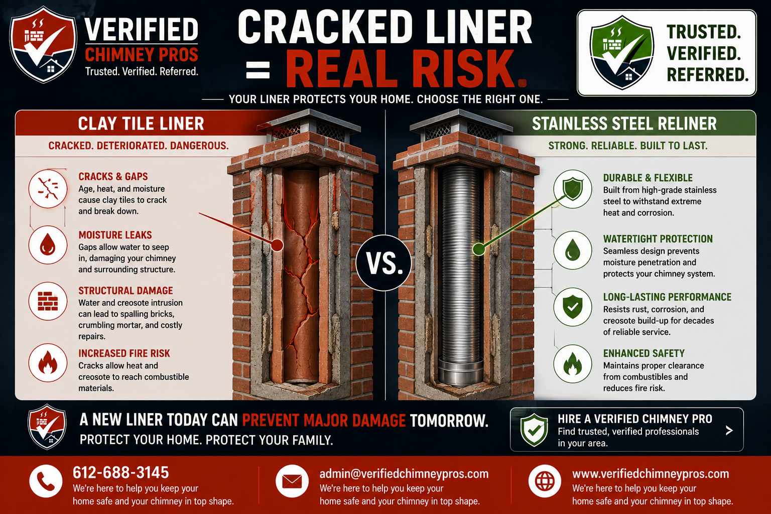 diagram showing a damaged clay tile requiring a stainless steel chimney liner replacement
