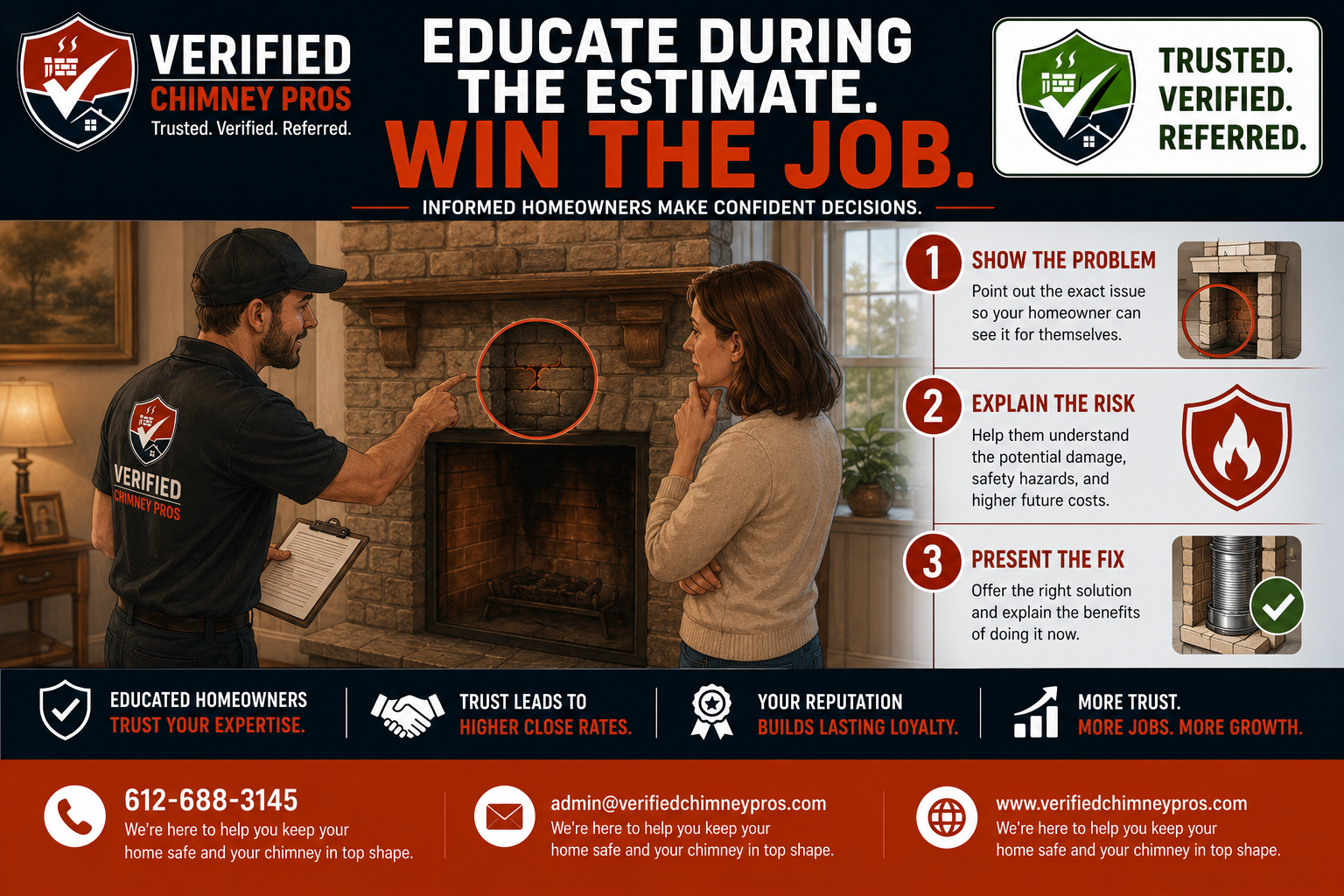 chimney professional conducting an educational free chimney estimate walkthrough with a homeowner