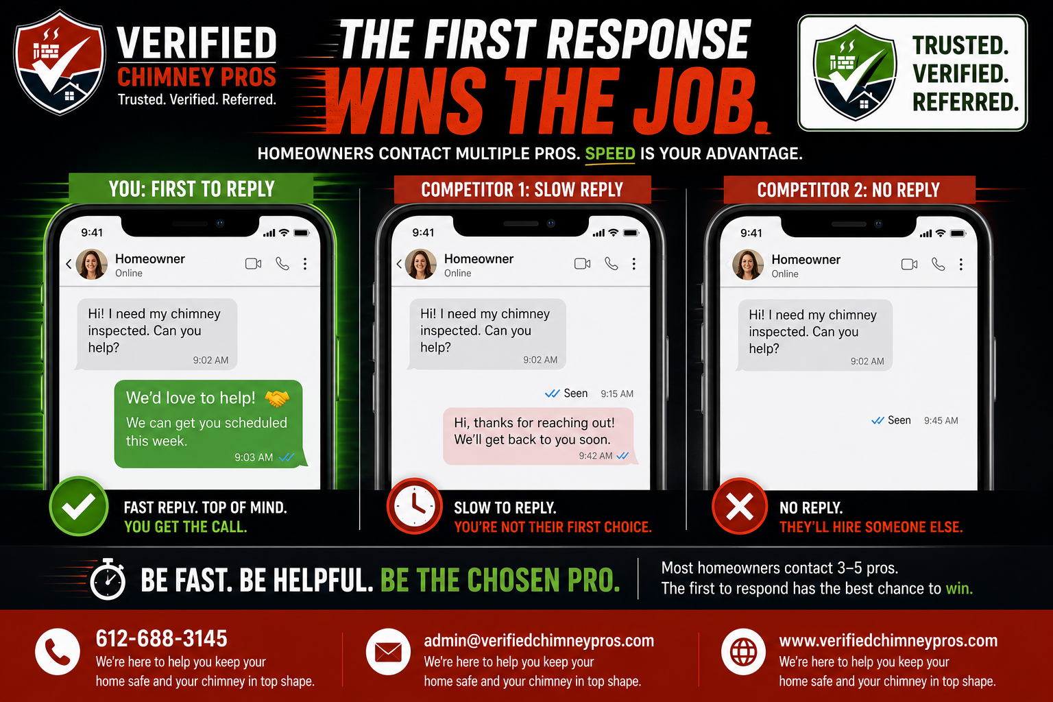 contractor reviewing chimney contractor response time on a smartphone to win homeowner leads