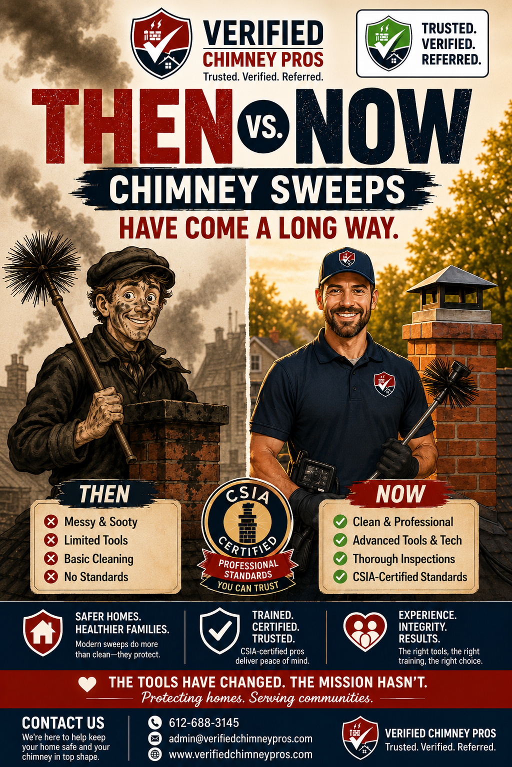 chimney sweep guide infographic comparing modern certified technicians against old school methods