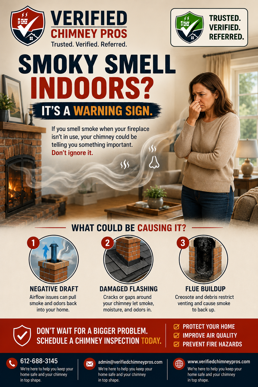 illustration showing how a smoke smell in house living rooms is caused by chimney negative draft